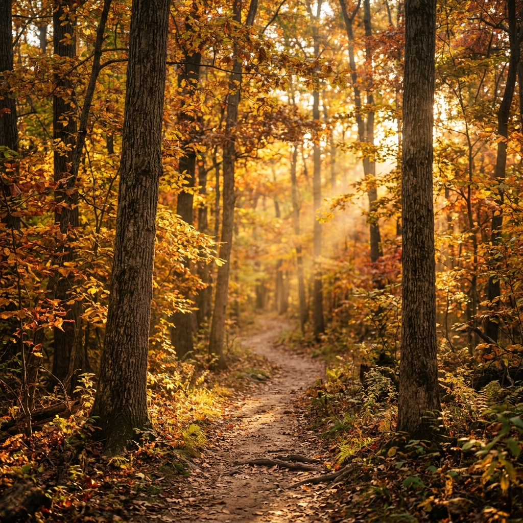 Autumn forest trail with golden light